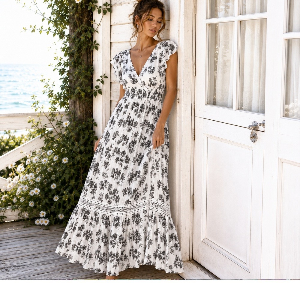 Anthropologie White Maxi Dress with Black Floral Print